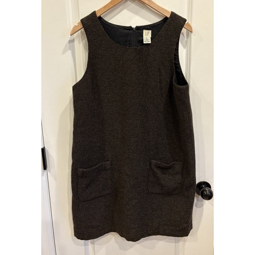 Vintage Gap Brown Tweed Wool Blend Shift Dress Size L Lined Pockets Fall 90s